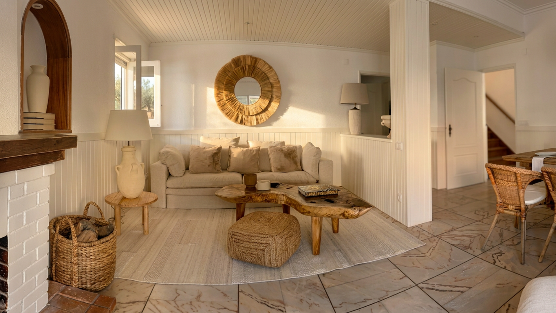 Living room with fireplace and dining area