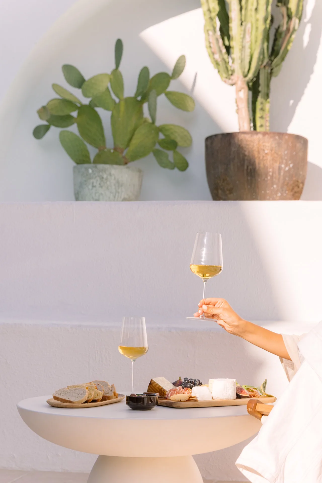 Patio table with cheese and bread boards, glasses of white wine and cacti in pots against a white wall